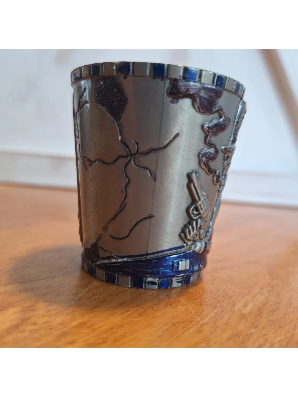 VTG Pewter Shot Glass Holder + Shot Glass Skeleton Gambler Spades Top Hat 2.25